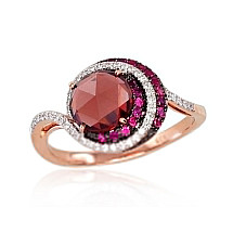 Gold ring, Red Gold 585 fineness, Rhodium (Plating) , Diamonds , Ruby , Garnet