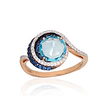 Gold ring, Red Gold 585 fineness, Rhodium (Plating) , Diamonds , Sapphire , Blue Topaz
