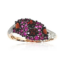 Gold ring, Red Gold 585 fineness, Rhodium (Plating) , Diamonds , Ruby , Garnet