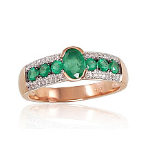 Gold ring, Red Gold 585 fineness, Rhodium (Plating) , Diamonds , Emerald