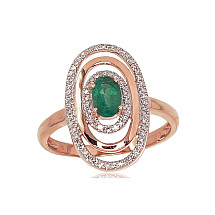 Gold ring, Red Gold 585 fineness, Rhodium (Plating) , Diamonds , Emerald