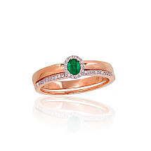 Gold ring, Red Gold 585 fineness, Rhodium (Plating) , Diamonds , Emerald