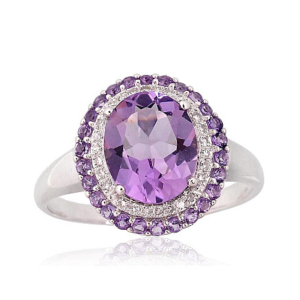 With precious stones,  - Gold ring, White Gold 585 fineness, Diamonds , Amethyst