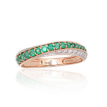 Gold ring, Red Gold 585 fineness, Rhodium (Plating) , Diamonds , Emerald
