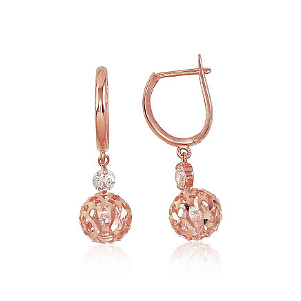 На английском замке,  - Золотые серьги на английском замке, 2.18 g, Красное Золото 585 проба, Цирконы