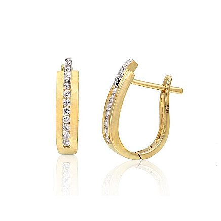 English lock,  - Gold earrings with english lock, 2 g, Yellow Gold 585 fineness, Rhodium (Plating) , Diamonds
