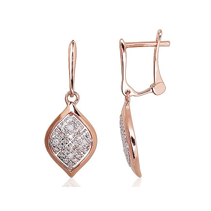 English lock,  - Gold earrings with english lock, Red Gold 585 fineness, Rhodium (Plating) , Diamonds