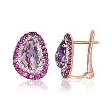 Золотые серьги на английском замке, 3.07 g, Красное Золото 585 проба, родий (покрытие) , Бриллианты , Рубин , Аметист