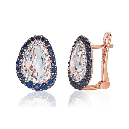 На английском замке,  - Золотые серьги на английском замке, 3.21 g, Красное Золото 585 проба, родий (покрытие) , Бриллианты , Сапфир , Небесно-голубой топаз