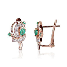 Gold earrings with 'english' lock, Red Gold 585 fineness, Rhodium (Plating) , Diamonds , Emerald