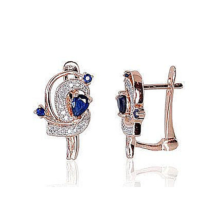 English lock,  - Gold earrings with english lock, 3.37 g, Red Gold 585 fineness, Rhodium (Plating) , Diamonds , Sapphire