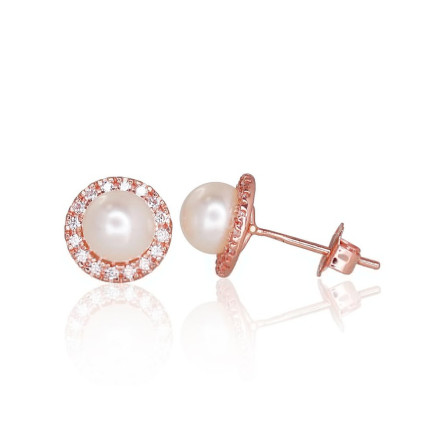 Classic Studs,  - Gold classic studs earrings, 1.05 g, Red Gold 585 fineness, Zirkons , Fresh-water Pearl