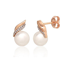 Gold classic studs earrings, Red Gold 585 fineness, Rhodium (Plating) , Diamonds , Fresh-water Pearl