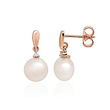 Gold classic studs earrings, Red Gold 585 fineness, Rhodium (Plating) , Diamonds , Fresh-water Pearl