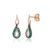 Gold classic studs earrings, Red Gold 585 fineness, Rhodium (Plating) , Diamonds , Emerald
