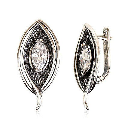 English lock,  - Silver earrings with english lock, 6.1 g, Silver 925 fineness, oxide (Plating), Zirkons