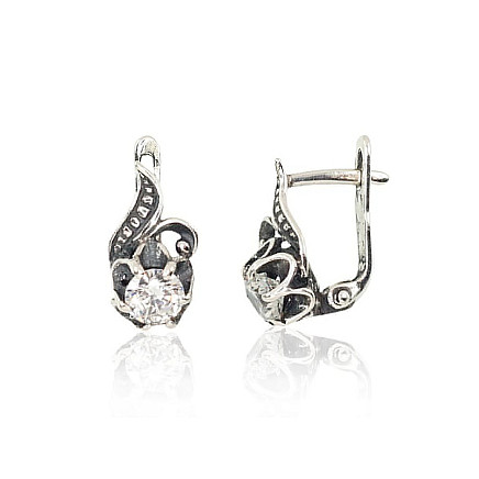 English lock,  - Silver earrings with english lock, 2.6 g, Silver 925 fineness, oxide (Plating), Zirkons