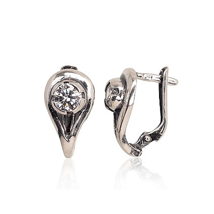 English lock,  - Silver earrings with english lock, 3.4 g, Silver 925 fineness, oxide (Plating), Zirkons