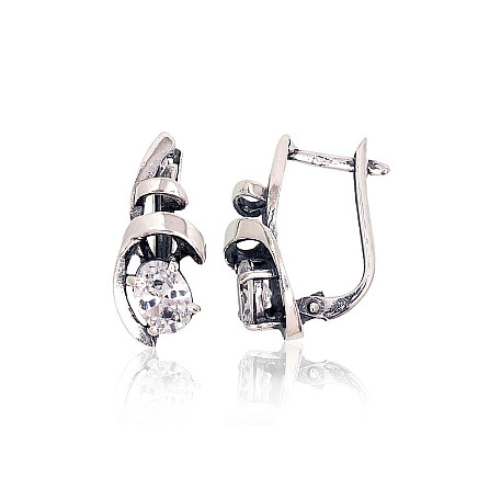 English lock,  - Silver earrings with english lock, 4 g, Silver 925 fineness, oxide (Plating), Zirkons