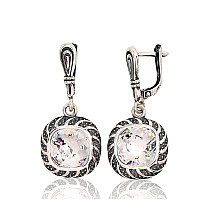 Silver earrings with 'english' lock, Silver 925 fineness, oxide (Plating), Crystals