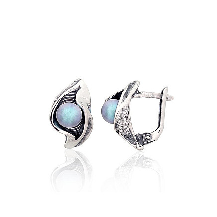 English lock,  - Silver earrings with english lock, 5.5 g, Silver 925 fineness, oxide (Plating), Fresh-water Pearl (synt.)