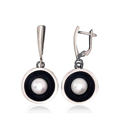 English lock,  - Silver earrings with english lock, 7.2 g, Silver 925 fineness, oxide (Plating), Fresh-water Pearl
