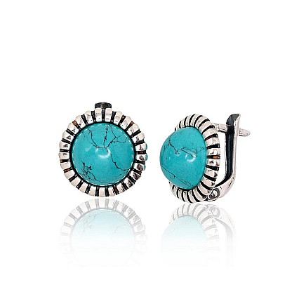 English lock,  - Silver earrings with english lock, 4.8 g, Silver 925 fineness, oxide (Plating), Turquoise (Imitation)