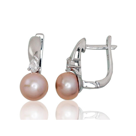 English lock,  - Silver earrings with english lock, 5.1 g, Silver 925 fineness, Rhodium (Plating), Zirkons , Fresh-water Pearl