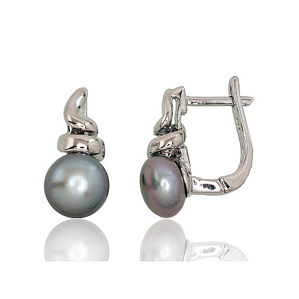 English lock,  - Silver earrings with english lock, 5.3 g, Silver 925 fineness, Rhodium (Plating), Fresh-water Pearl