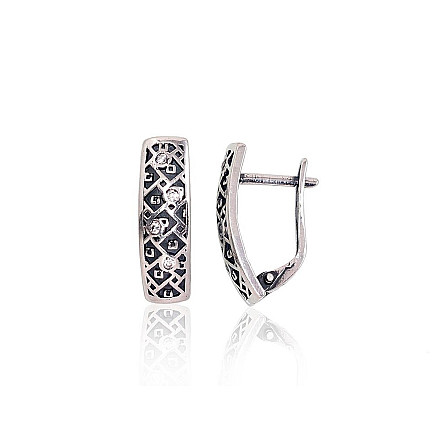 English lock,  - Silver earrings with english lock, 3.9 g, Silver 925 fineness, oxide (Plating), Zirkons