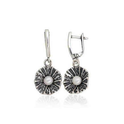 English lock,  - Silver earrings with english lock, 6 g, Silver 925 fineness, oxide (Plating), Fresh-water Pearl