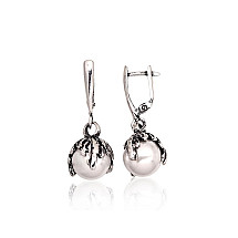 Silver earrings with 'english' lock, Silver 925 fineness, oxide (Plating), Fresh-water Pearl (synt.)