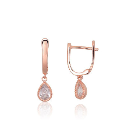 English lock,  - Silver earrings with english lock, 2.3 g, Silver 925 fineness, red gold (Plating), Zirkons
