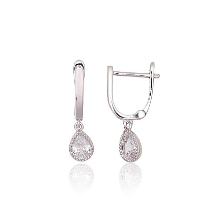 English lock,  - Silver earrings with english lock, 2.1 g, Silver 925 fineness, Rhodium (Plating), Zirkons