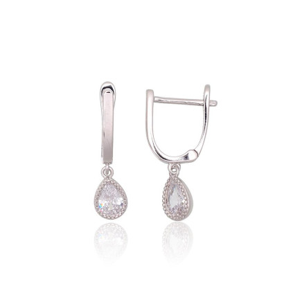 English lock,  - Silver earrings with english lock, 2.2 g, Silver 925 fineness, Rhodium (Plating), Zirkons