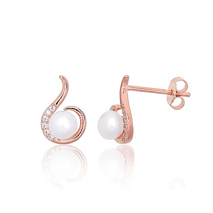 stud,  - Silver stud earrings, Silver 925 fineness, red gold (Plating), Zirkons , Fresh-water Pearl