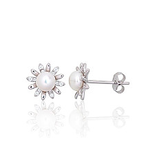 Silver stud earrings, Silver 925 fineness, Rhodium (Plating), Zirkons, Fresh-water Pearl
