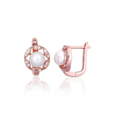 English lock,  - Silver earrings with english lock, 3.9 g, Silver 925 fineness, red gold (Plating), Zirkons , Fresh-water Pearl