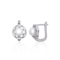 Серебряные серьги на английском замке, Серебро 925 проба, родий (покрытие), Цирконы, Жемчуг