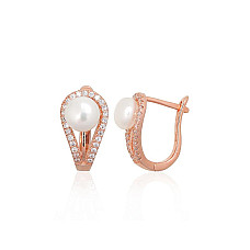 Silver earrings with 'english' lock, 3.3 g, Silver 925 fineness, red gold (Plating), Zirkons , Fresh-water Pearl