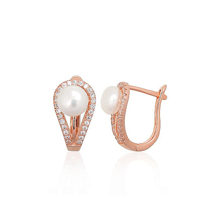 English lock,  - Silver earrings with english lock, 3.3 g, Silver 925 fineness, red gold (Plating), Zirkons , Fresh-water Pearl