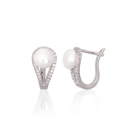 English lock,  - Silver earrings with english lock, 3.3 g, Silver 925 fineness, Rhodium (Plating), Zirkons , Fresh-water Pearl