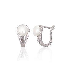Silver earrings with 'english' lock, 3.8 g, Silver 925 fineness, Rhodium (Plating), Zirkons , Fresh-water Pearl