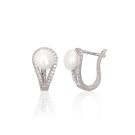 English lock,  - Silver earrings with english lock, 3.8 g, Silver 925 fineness, Rhodium (Plating), Zirkons , Fresh-water Pearl
