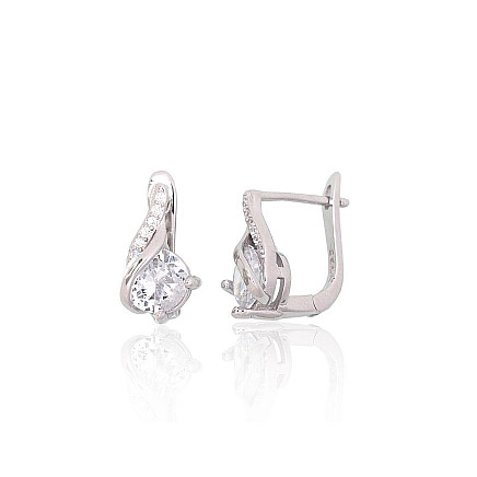English lock,  - Silver earrings with english lock, 2.3 g, Silver 925 fineness, Rhodium (Plating), Zirkons