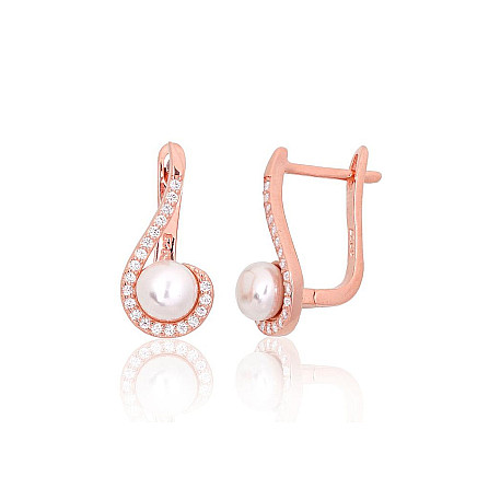 English lock,  - Silver earrings with english lock, 2.8 g, Silver 925 fineness, red gold (Plating), Zirkons , Fresh-water Pearl