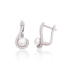 Silver earrings with 'english' lock, 2.8 g, Silver 925 fineness, Rhodium (Plating), Zirkons , Fresh-water Pearl