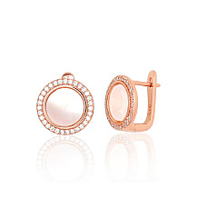 Silver earrings with 'english' lock, 4 g, Silver 925 fineness, red gold (Plating), Zirkons , Mother-of-pearl