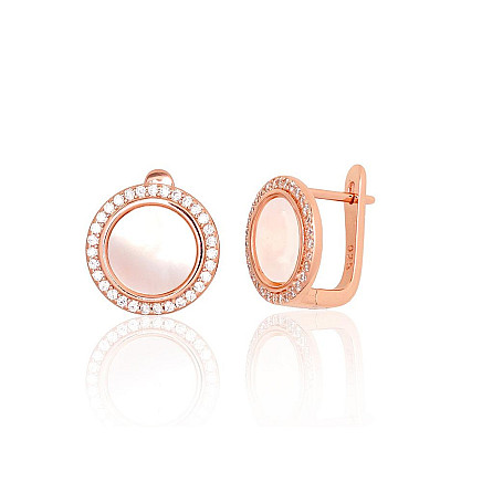 English lock,  - Silver earrings with english lock, 4 g, Silver 925 fineness, red gold (Plating), Zirkons , Mother-of-pearl