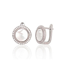 Silver earrings with 'english' lock, 4 g, Silver 925 fineness, Rhodium (Plating), Zirkons , Mother-of-pearl